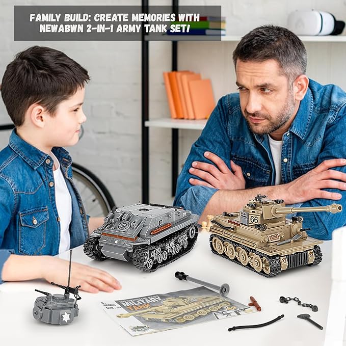 2-in-1 Army Tank Toy Building Set, Includes German Tiger and American Sherman Models, Compatible with Lego Army Sets, Military Building Blocks Set for Kids 8-14 (1184 Pieces)