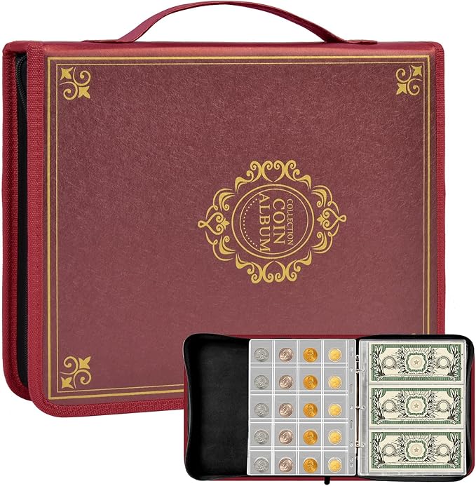 Coin Collection Book Holder for Collectors, 200 Pockets Coins Collecting Album & 30 Sleeves Paper Money Display Storage Case for Currency Collection Supplies (200+30 paper money binder)-Red