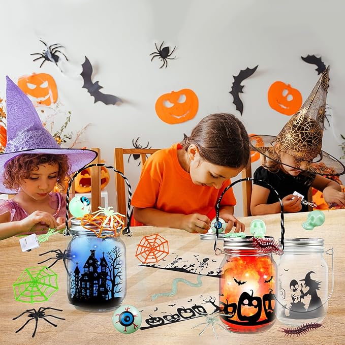 SpringFlower Halloween DIY Arts and Crafts Kits，12 Pcs Glass Mason Jar with Accessories for DIY Lantern Jar, Art & Craft Party Supplies for Classroom Kids