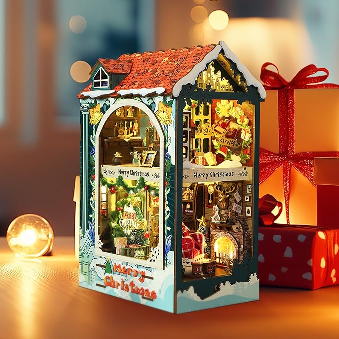 DIY Book Nook Kit, Miniature Bookshelf Decor with LED Lights, Laser-Cut Wooden Craft Set for Adults, Creative Gift for Christmas, Birthday, Xmas, Merry Christmas