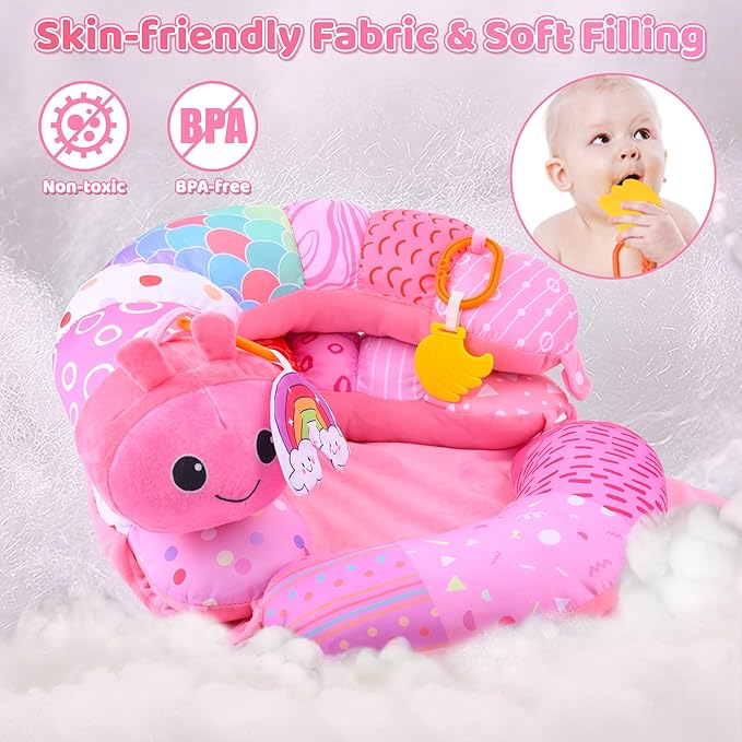 2-in-1 Tummy Time Mat & Seated Support Pillow Baby Toys 6-12 Months, Baby Tummy Time Toys Sit Me Up Floor Seat for Newborns and Older Babies, with Detachable Support Pillow and Toys(Pink)