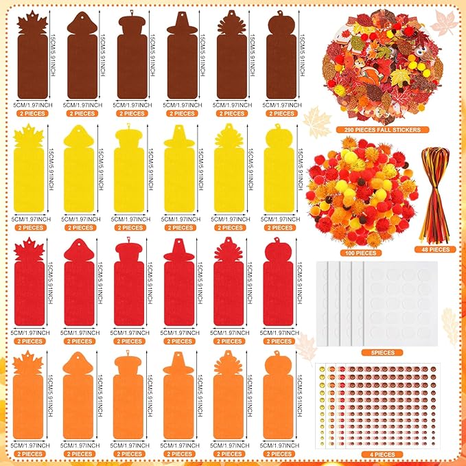 48 Sets Fall Bookmark Crafts Kits DIY Fall Felt Decorations Art Bulk 490 Pcs Thanksgiving Pumpkin Turkey Maple Leaf Craft Kit with Glitter Foam Stickers for Classroom Activities Autumn Party