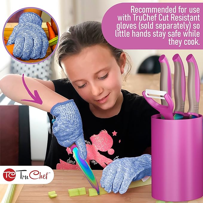 5-Piece Kids Knife Set for Real Cooking | Stainless Steel Chef, Paring & Serrated Knives with Peeler & Holder | Safe Junior Chef Cooking Set for Kids (5 pcs, Pink)