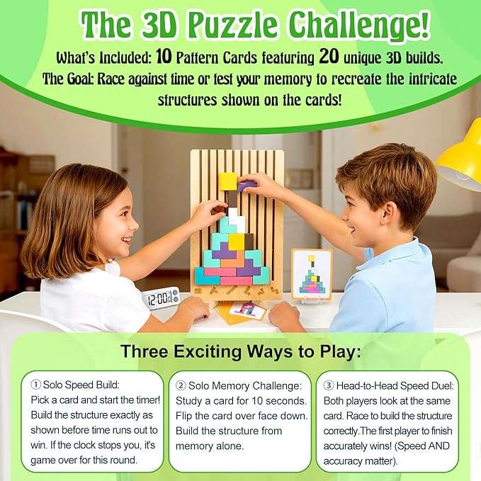 Wooden Stacking Puzzle Toy, 3D Brain Teaser Puzzles for Kids Adults, Indoor Recess Games Classroom for Toddlers Ages 3-5 6-8, Stress Relief STEM Educational Toys Logic Game (No Storage Bag)