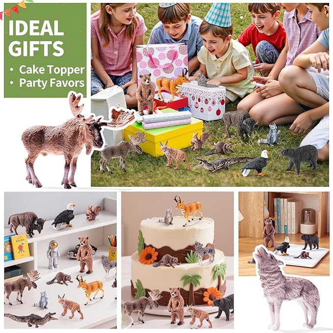 12PCS Large North American Animal Figurines, Realistic Safari Woodland Jungle Animals Figures Toys Includes Crocodile,Wolf,Bear,Deer Cake Toppers Birthday Gift Party Favors Toys for Toddlers