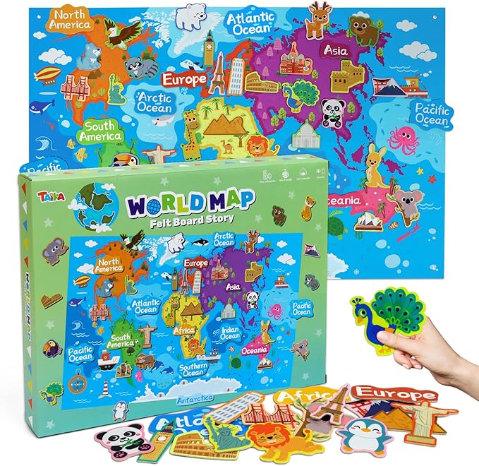 Taika World Felt Set, Felt World Map with World Famous Sights, Educational Play Mat Flannel Board Set, 43x28 inch Preschool Learning Flannel Board for 4+