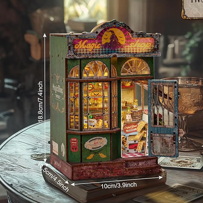 DIY Book Nook Kit, Miniature Bookshelf Decor with LED Lights, Laser-Cut Wooden Craft Set for Adults, Creative Gift for Christmas, Birthday, Magic Shop