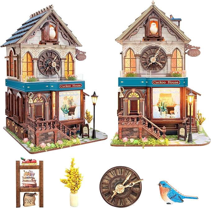 Roroom DIY Miniature Doll House with Furniture Dollhouse Kit for Adults and Teens,Booknook Tiny House Bookshelf Decor Mini 3D Wooden Puzzle, Gifts for Family, Friends (SQ61-cuckoo House)
