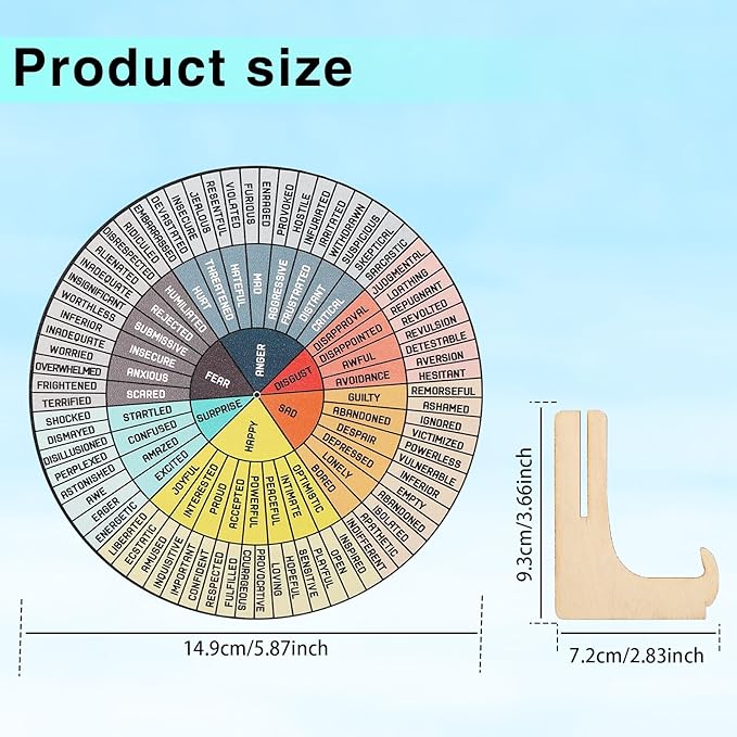 Feelings Wheel,Double Sided Mental Health Decor Emotion Wheel with Stand, Wooden Coping Wheel
