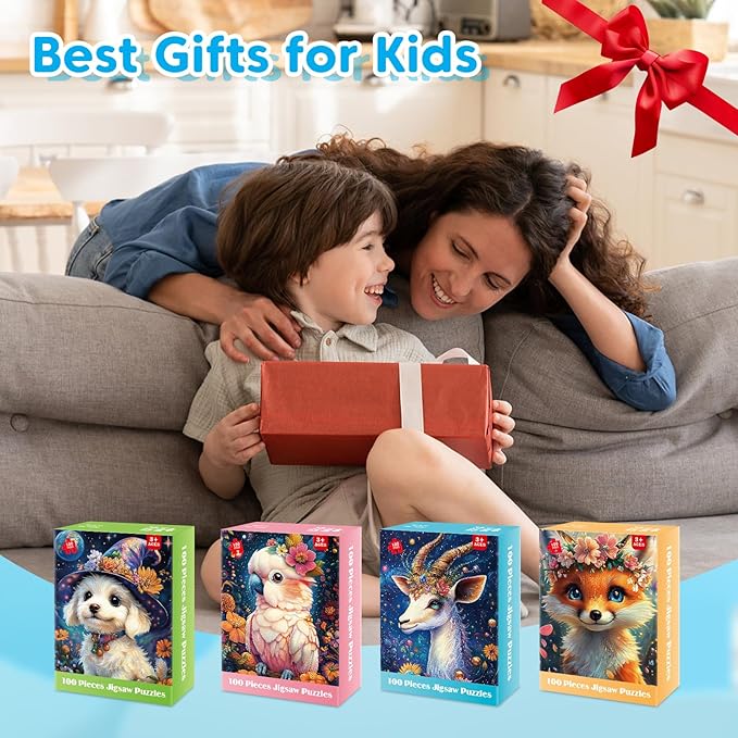 4-Pack 100 Piece Puzzles for Kids Ages 4-6 6-8 8-10, Adorable Puppy Parrot Springbok Fox Jigsaw Puzzles, Set for Kids Adults Seniors, Fun and Educational Toys for Family
