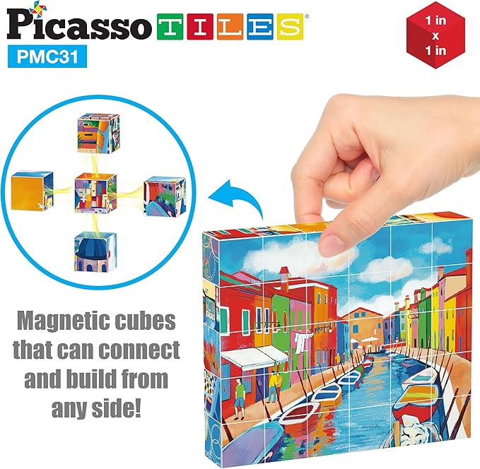 PicassoTiles 6-in-1 World Famous Painting Puzzles Magnetic Cubes Toy_Building_Block, Spain Park Guell, Paris Eiffel Tower, Greece Santorini & More for Kid, Educational Art for Boys and Girls