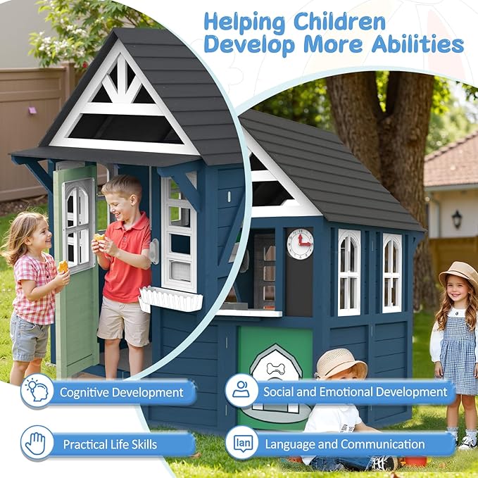 Kids Playhouse Outdoor,Wooden Play House Playset for Kids, Large, Sturdy, Realistic Design with Kitchen, Doorbell, Flower Pot, Stove, Sink & Clock, Perfect for Kid Ages 3-8 (Blue)