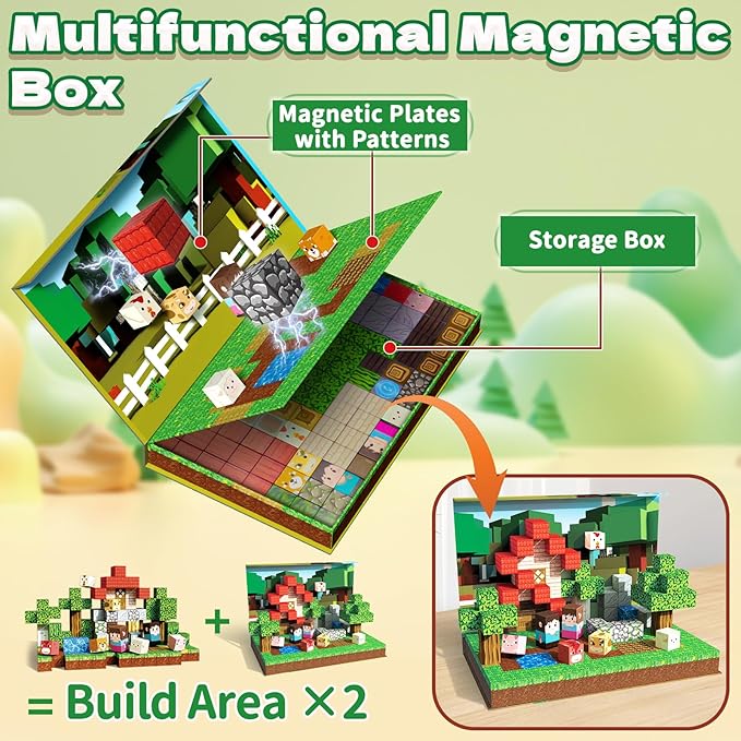100PCS Magnetic Blocks - Travel Magnetic Building Blocks Set with 2-in-1 Magnet Box, Magnet Cubes Build Forest Farm STEM Sensory Construction Toys for Boys & Girls Ages 3-5 4-8 8-12 Birthday Gifts