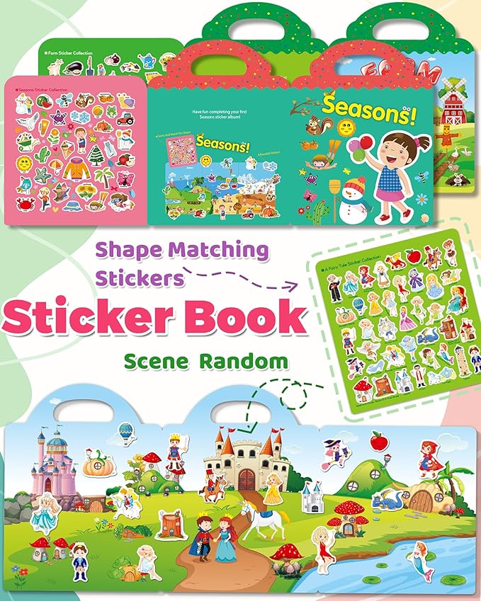 3 Pack Reusable Sticker Book for Toddlers, Toddler Sticker Book for Kids, Toddler Activities Crafts Preschool Learning Travel Birthday Gifts for Boys Girls - Farm, Fairy Tale and Season