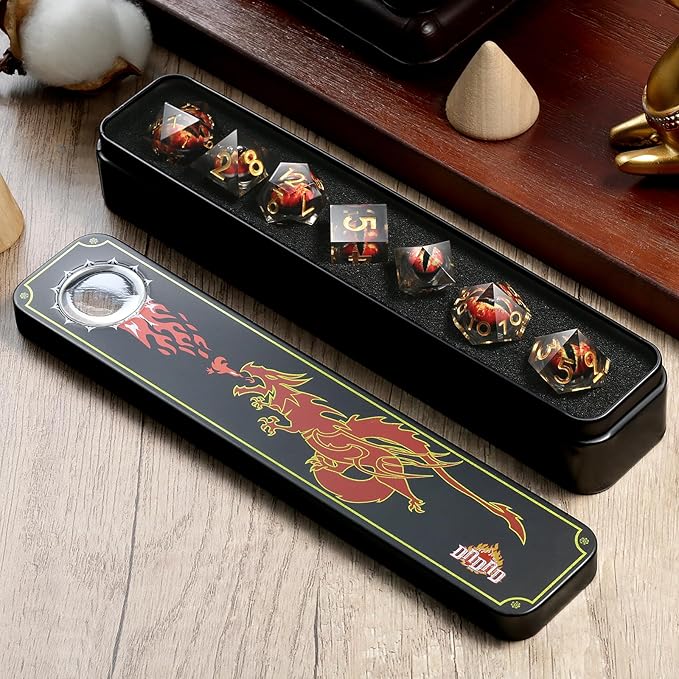 Resin Dragon Eye Dice Set,DNDND 7PCS Sharp Edge D&D Dice with Gorgeous Gift Case for Dungeons and Dragons Talbel Game (Red Dragon Eye)