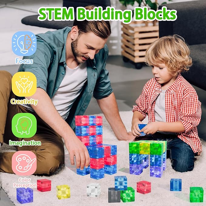 Magnetic Building Blocks - Transparent Magnetic Cubes, STEM Magnet Toddler Boys Toys for Kids Age 3-5,Travel Sensory Autism Preschool Montessori Toys for 3+ Year Old, Birthday Girls Gifts