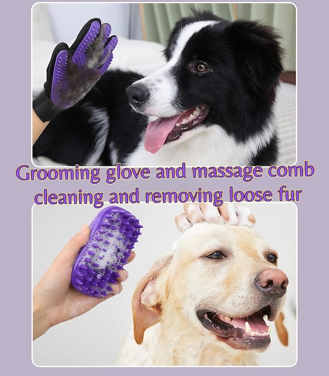 Pet Hair Grooming Tool Kit-9 Packs Dog Cat Grooming Kit Pet Dog Cat Grooming Supplies Washing Gloves Slicker Brush Kit Nail Grider Trimming Tools Pet Toothbrush Comb and Grooming Scissors Set