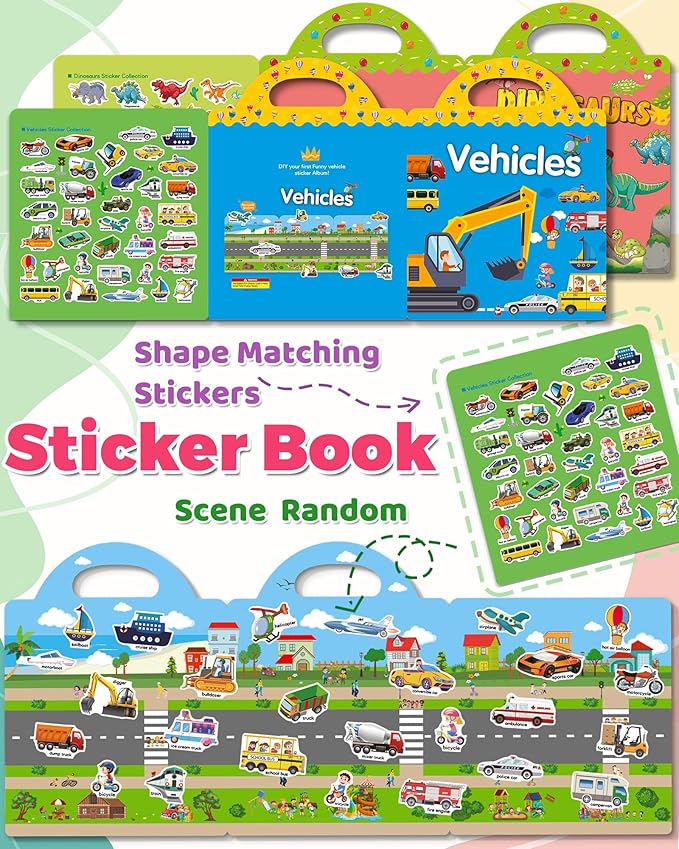 2 Pack Vehicle Dinosaur Reusable Sticker Book for Toddlers 2-4 Years, Toddler Sticker Book for Kids, Toddler Activities Crafts Preschool Learning Travel Birthday Gifts for Boys Girls