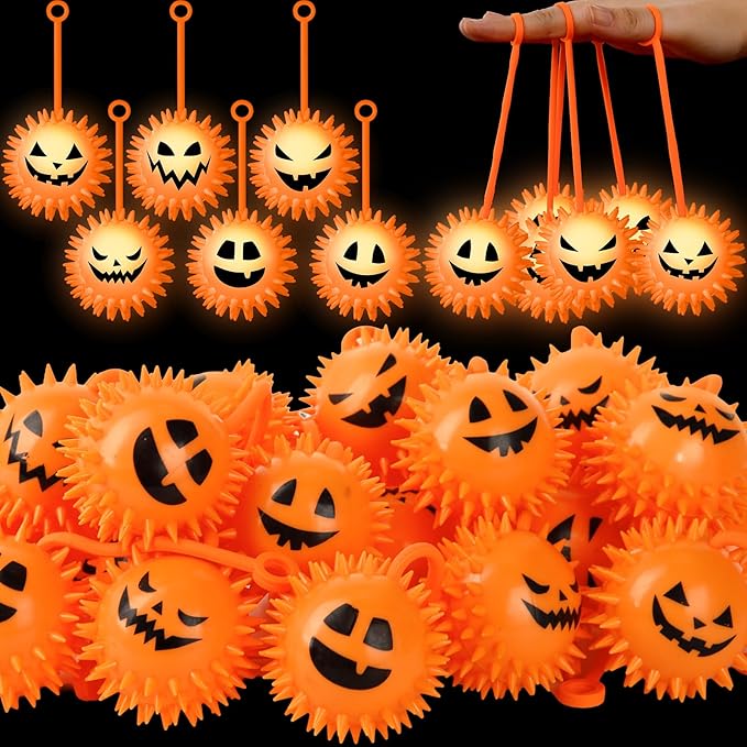 Sotiff 30 Pcs LED Halloween Pumpkin Stress Bouncy Light up Balls Spiky Squeaky Rubber Sensory Ball for Halloween Holiday Decors Gift Bag Stuffers Party Favor Fillers