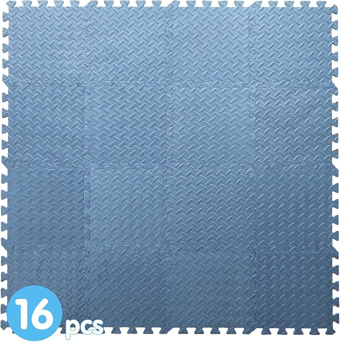 Coolcandy EVA Foam Play Mat, 16 Tiles Colorful Baby Play Mat, Square Kids Playmat with Solid Colored, 0.4" Thickened Interlocking Foam Floor Tiles, Puzzle Play Mat for Baby Lying, Playing (Gray Blue)