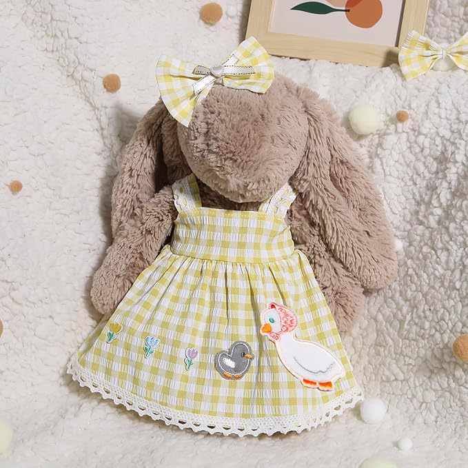 31cm(12") Bashful Bunny Clothes, Cute Plush Animal Clothes for Meddium Teddy Bear - Yellow and White Check Duck Dress & Bow Clip Set (Clothes Only)