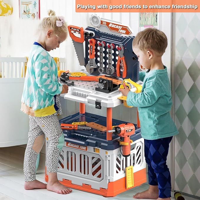 Kids Tool Bench - Toy Workbench with Storage Box,4 in 1 Kids Tool Set with Electric Drill Toy Tool Accessories 90pcs Pretend Play Construction Toy Educational Gift for Kids 3-5,4-8