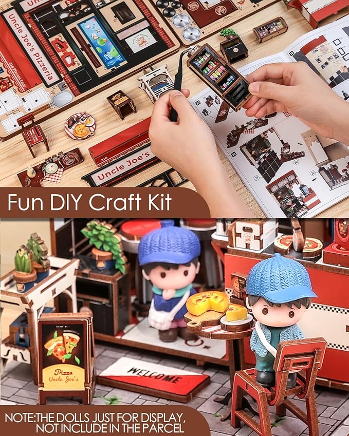 Cutefun Book Nook Kit - DIY Miniature Dollhouse Kit for Adults and Teens, Pizza Place Mini House Building Kit with LED Bookshelf Insert Decor Creative Gifts (Uncle Joe's Pizzeria)