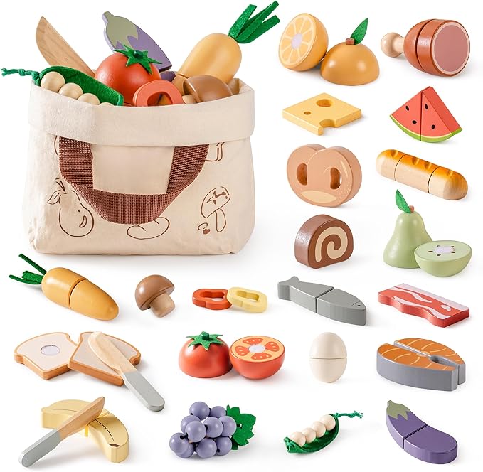 ROBOTIME Wooden Play Food 4-in-1 Cutting Set, Pretend Play Toy Food for Play Kitchen with Shopping Bag – Kids Kitchen Accessories, Wooden Play Food for Boys & Girls