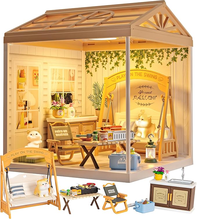 DIY Miniature House Kit Plastic House Building Toy Set with Roof & 2 Doors, Mini Dollhouse Kit with LED for Mini Figures Construction Toys Diorama Kit Gifts for Teens Adults (Happy Garden)