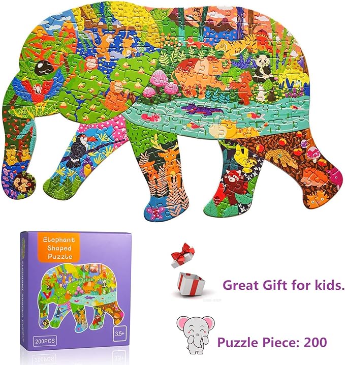 Puzzles for Kids Ages 4-8,8-10 and Adults, Elephant Animal Shaped Jigsaw Puzzles 200 Pieces for Wall Home Decor