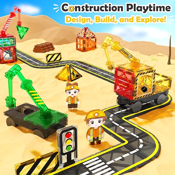 100 PCS Magnetic Tiles Road Set with 3 Cranes & 2 Cars - Magnetic Blocks City Construction Building Toys for 3+ Year Old Boys Girls Ideal Preschool Learning Outdoor Creative Toddler Kids Toys