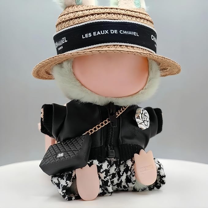 Clothes for Labubu(No Doll) – Cute 4-Piece Straw Hat,Premium Jacket with Chain Bag,Chic Fashion Accessories Set Compatible with 17cm Collectible Figures Stylish Clothes for Boys Girls Birthday