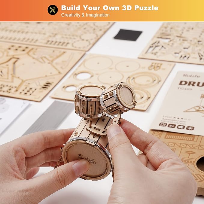 Rolife 3D Wooden Puzzles for Adults Drum kit Musical Instrument Model(TG409)