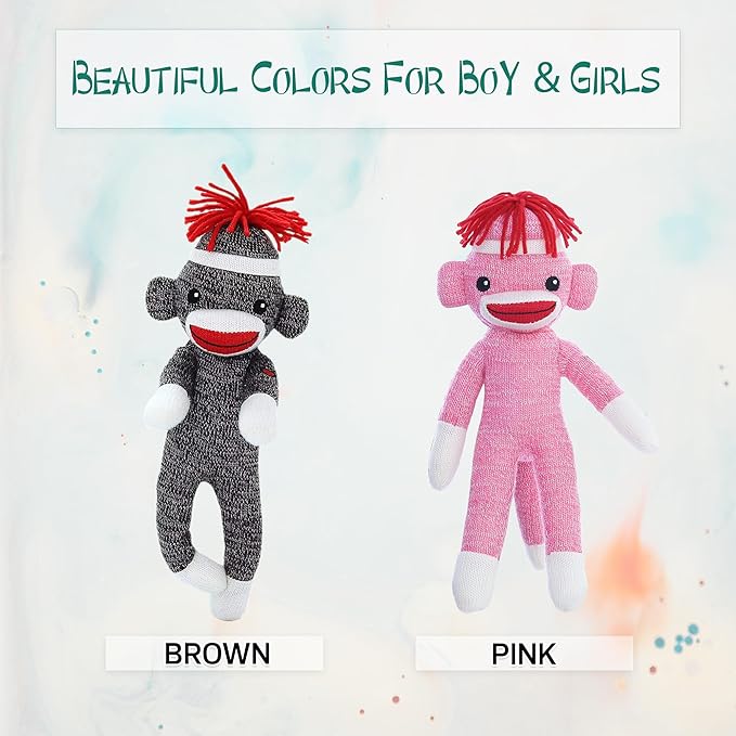 Adorable Sock Monkey 8 inch, The Original Traditional Hand Knitted Stuffed Animal Toy Gift-for Kids, Babies, Teens, Girls and Boys Baby Doll Present Puppet (Pink 8inch)