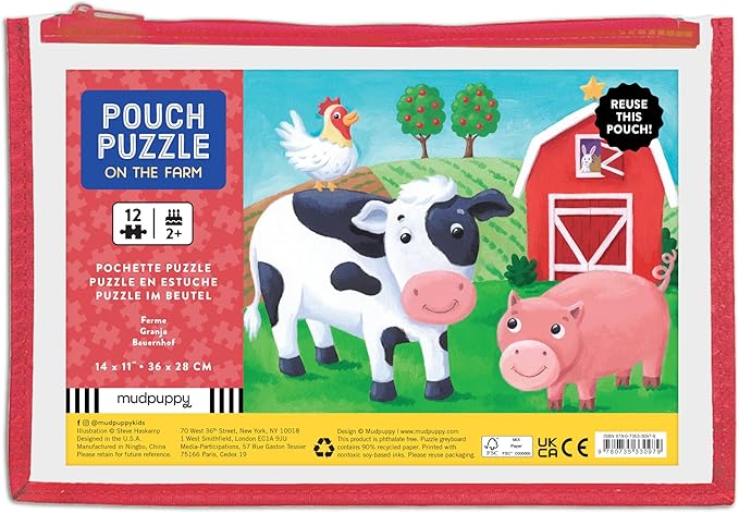 Mudpuppy On the Farm – 12 Piece Puzzle with Reusable Zipper Pouch Featuring Colorful and Fun Illustrations of Farmyard Animals Perfect for Easy Storage and Travel