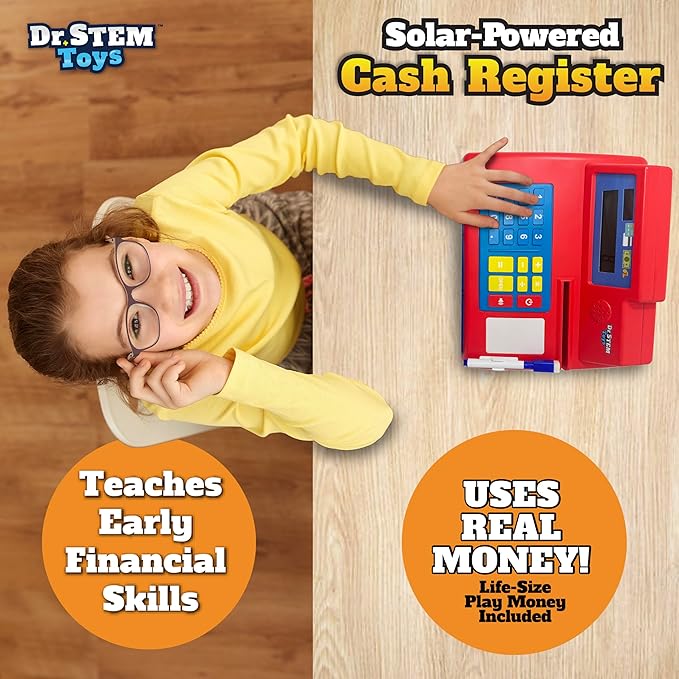 Dr. STEM Toys Solar Powered Calculator Pretend Cash Register with Play Money – 67-Piece Set for Learning Math Skills, STEM Cash Register for Kids, Red
