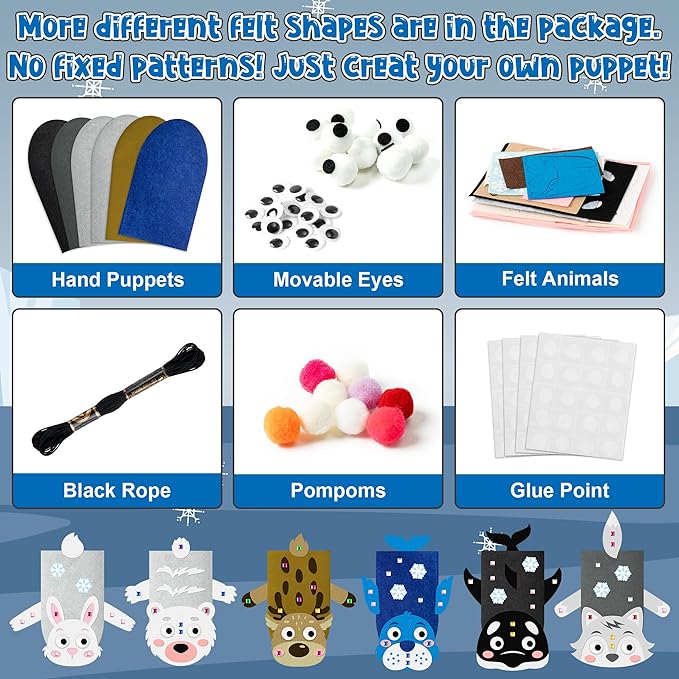 WATINC 6Pcs Hand Puppet Making Kit, Art Craft Felt Sock Puppet Toys, Creative DIY Make Your Own Pompoms Wiggle Googly Eyes Storytelling Role Play Party Supplies Gift for Girls Boys (Polar Animals A)