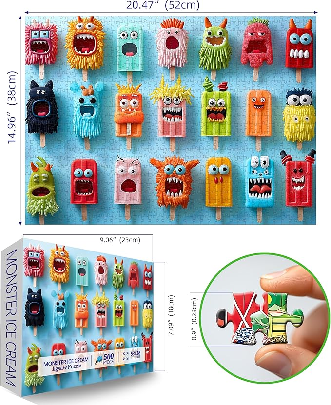 500 Piece Puzzles for Adults Funny Colorful Monster Ice Cream Jigsaw Puzzles 500 Pieces Cute Food Family Puzzle Challenging Family Puzzle Games Gift for Adults (21"x15")