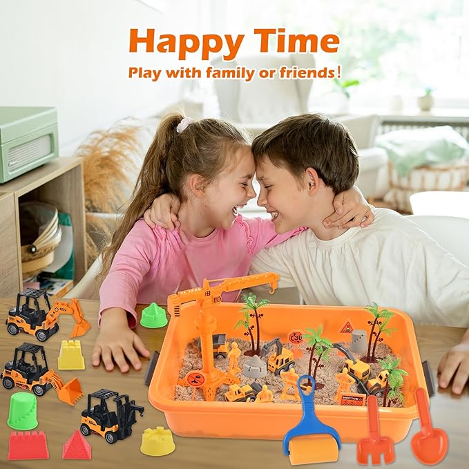 34Pcs Sand Construction Site Kit Sensory Bin Toy for Toddler with 8 Vehicles, 6 Castle Molds, 5 Road Signs, 4 Worker Figures, 2.2lbs Sand, Learning Sand Toys Birthday Gift for Kids Boys Ages 3 4 5