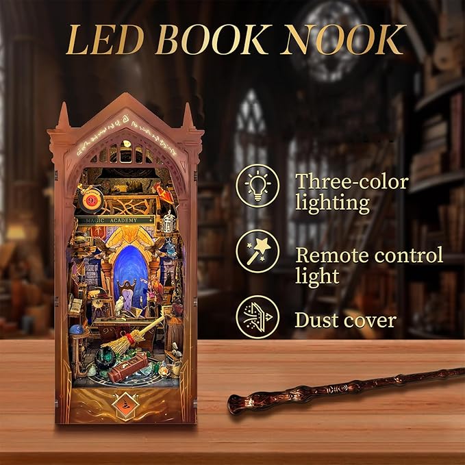 DIY Book Nook Kit, DIY Miniature Dollhouse Kit for Adults and Teens, Book Nook Bookshelf Insert Decor 3D Wooden Puzzle Bookend Miniature Kit with Sensor Light Creative Craft (Magic Academy)