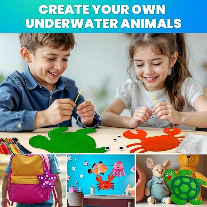 QUOKKA Kids Crafts Ages 4-8, DIY Beginner Needle and Thread Kit - 12 Sea Animals Sewing Kit Basic - Fun Arts Crafts for Kids Ages 6-8 Girls Boys - Plastic Needles, Scissors - 6+ Year Old Girl Gifts
