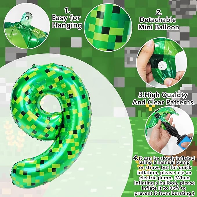 40in TNT Pixel Number 9 Balloon Birthday Decorations, Miner Theme Green Foil Balloons Blast Gaming Party Supplies