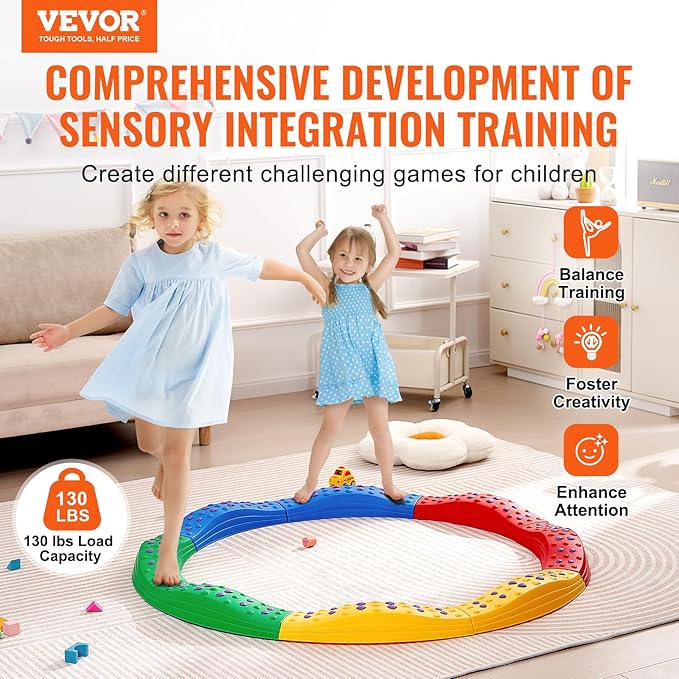 VEVOR Balance Beam Stepping Stones, 8 PCS Toddler Balance Boards Non-Slip Textured Surface & Rubber Pads, Montessori Toy for Kids 3-6, Build Coordination and Gross Motor Skills, Indoor or Outdoor Play