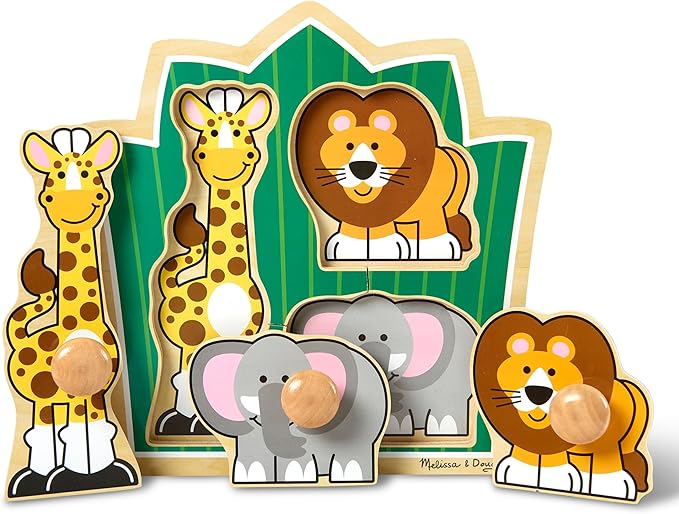 Melissa & Doug Jungle Friends Safari Animals Jumbo Knob Puzzle, Wooden Peg Puzzle for Toddlers, Educational Toy for Shape Recognition and Fine Motor Skills, Ages 1+