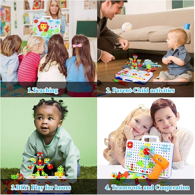STEM Design and Drill Toy for Kids Ages 3-8, 193 Pcs Electric Drill Toy,Creative Building Toys,Magic Montessori Play Toolbox for Toddler Boys Girls Preschool,STEM Toys for 3 4 5 6 7 8 Year old
