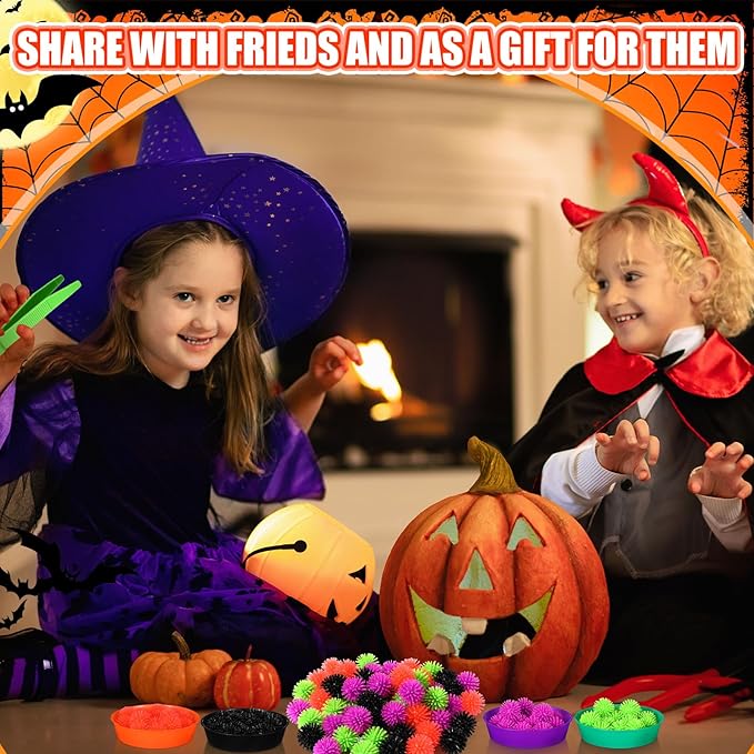 Leitee 71 Pcs Sensory Bin Filler Include 60 Hedge Balls 4 Tweezers 2 Scissors Clips 5 Cups Fine Motor Skills Toys Set for Boys Girls Early Education and Counting Sorting Training(Black,Halloween)