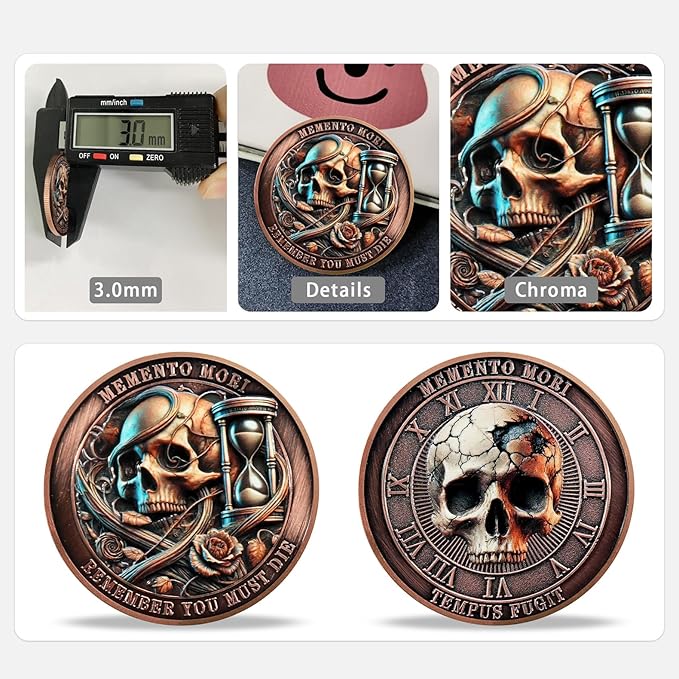 AtSKnSK Memento Mori Coin Momento Mori Coin Skull Coin Stoic Gifts Memento Mori Calendar Living Memento Mori Amor Fati Coin (Time Disc Skeleton)