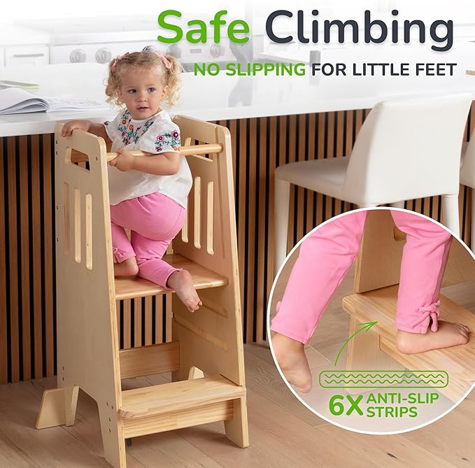 OCODILE Toddler Tower with a Sliding Door and 3 Adjustable Heights - Complete Toddler Kitchen Stool Helper with Support Feet - Safe Design for 18+ Months to 6-Year-Old Kids - Varnished