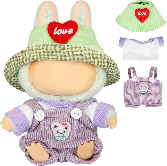17cm Design Clothes for Labubu Doll - Kawaii Chic Style Set for 17cm Dolls, Cute Doll Outfit with Accessories - Puprle Bear Romper + Purple Shirt + Heart Shaped Green Hat (Clothes Only)