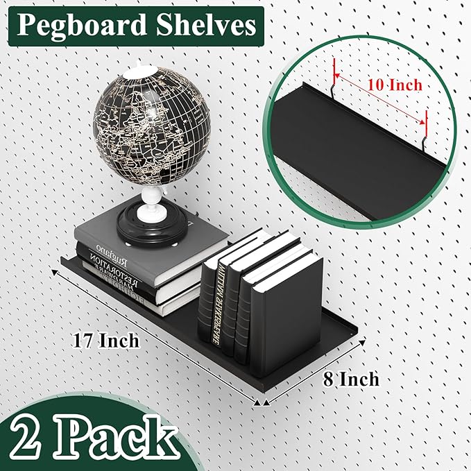PEKGRIL 17X8 Inch Large Pegboard Shelves Set of 2, Metal Peg Board Shelves Accessories, Flat Display Shelves for Pegboard, Metal Retail Display for Storage and Organization, Black